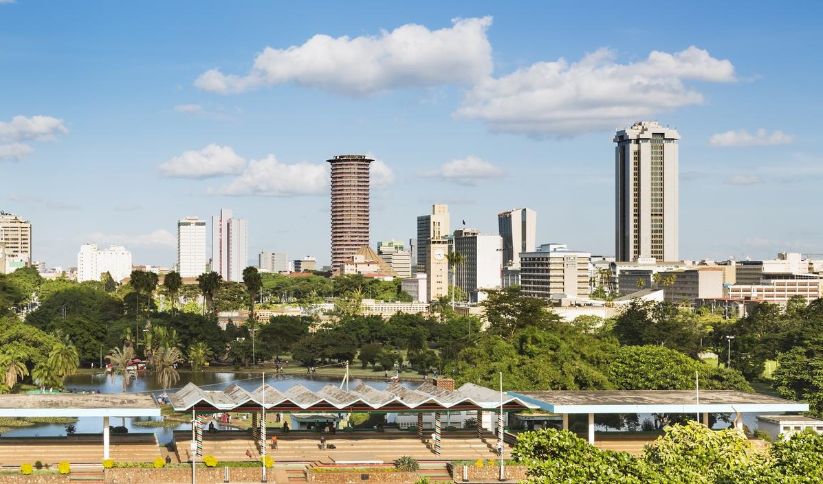 View of the skyline of Nairobi, Kenya with Uhuru Park in the foreground.