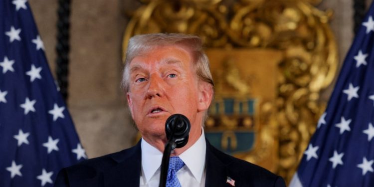 U.S. President-elect Donald Trump delivers remarks at Mar-a-Lago in Palm Beach, Florida, U.S., December 16, 2024. REUTERS/Brian Snyder