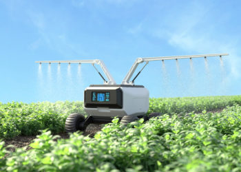 Agricultural robots work in smart farms, Robot spraying fertilizer in the vegetable garden, Smart agriculture farming concept. 3D illustration