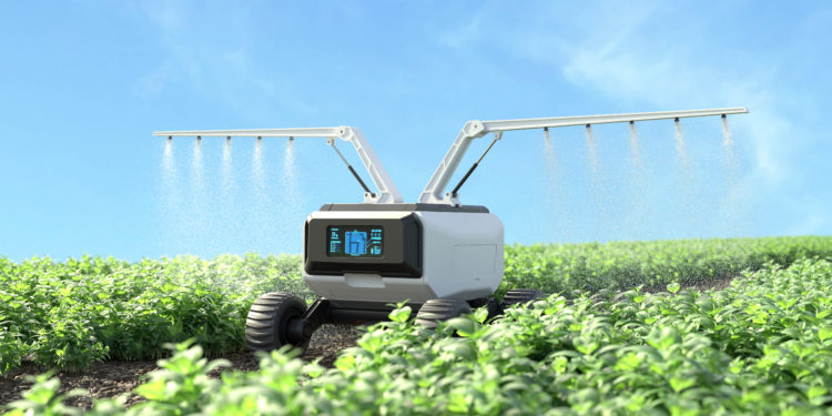 Agricultural robots work in smart farms, Robot spraying fertilizer in the vegetable garden, Smart agriculture farming concept. 3D illustration