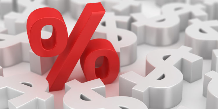 Single red percent symbol among many dollars