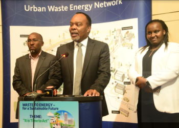 (L-R) Sintmond Group CEO Richmond Gatu, NMS Director Energy & Public Lighting Kenneth Chege and NMS Director Environment, Water and Sanitation, Maureen Njeri during the Waste To Energy Congress 2022 at Safari Park