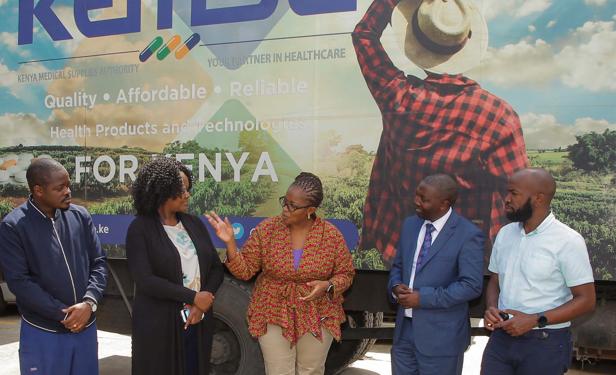 Kenya Medical Association President Dr Were Onyino (left) Pharmaceutical Society of Kenya CEO Dr Daniella Munene, KEMSA CEO Terry Ramadhani NNA-Kenya National 2nd Vice Chairperson Mr Dennis Ngao Mbithi and KDA President Dr Tim Theuri.