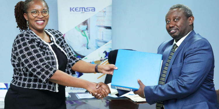 KEMSA Chief Executive Officer Terry Ramadhani receiving the instruments of office from immediate Acting CEO Mr John Kabuchu