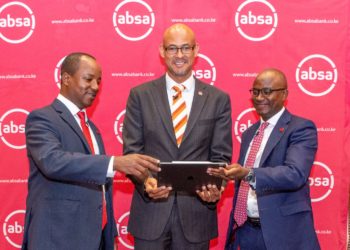 L-R Absa Chief Finance Officer Yusuf Omari Absa Managing Director Jeremy Awori & Marketing & Corporate Relations Director Moses Muthui