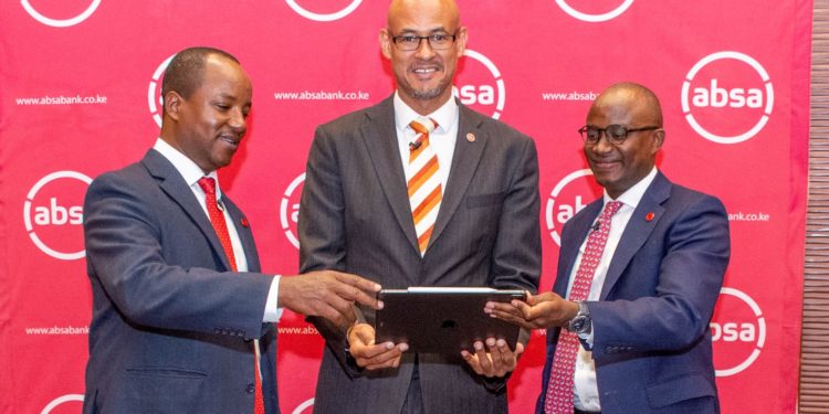 L-R Absa Chief Finance Officer Yusuf Omari Absa Managing Director Jeremy Awori & Marketing & Corporate Relations Director Moses Muthui