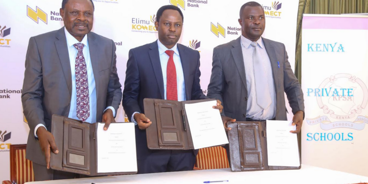 National Bank of Kenya, Managing Director, Peter Kioko (centre), with KPSA Chairman, Charles Ochome (left) and APBET Chairman, Moses Wakono. This was during the launch Elimu Konnect at Hilton hotel.