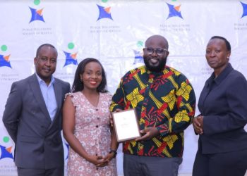 From left, Mr. Tony Timase, and the incoming Assistant Secretary Ms. Viviene Atieno, President Mr. Arik Karani and Secretary Ms. Noella Mutanda pose for a photo during the PRSK Annual General Meeting that took place at The Sarova Panafric.