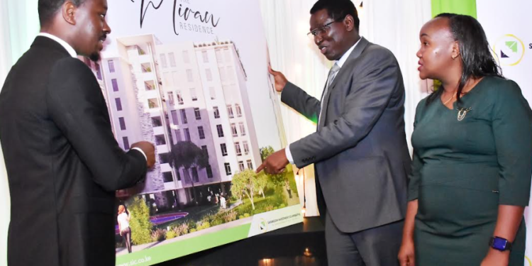 Safaricom Investment Co-operative Chairman Peter Gichangi (L), Commissioner for Co-operatives David Obonyo & Safaricom Investment CEO Sarah Wahogo at launch of The Miran Residence, KSH 750 M residential dvt in (1)