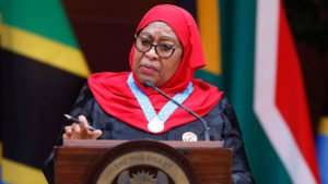 Tanzanian President Samia Suluhu Hassan speaks at a press conference during her state visit to South Africa 