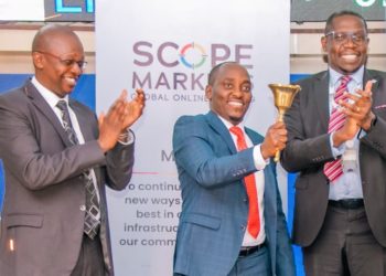 From left to right : Scope Markets CEO Alex Karanja, Board Chairman Elijah Kimani and NSE CEO Geoffrey Dondo at the bell ringing event.