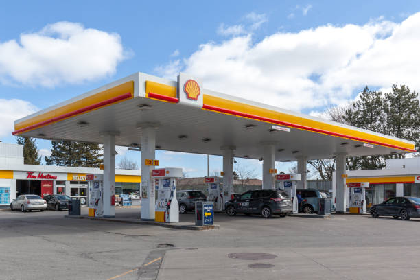 Toronto, Canada- March 11, 2018: Shell gas station in Toronto.  Shell Canada Limited is the subsidiary of Anglo-Dutch Royal Dutch Shell and one of Canada's largest integrated oil companies.