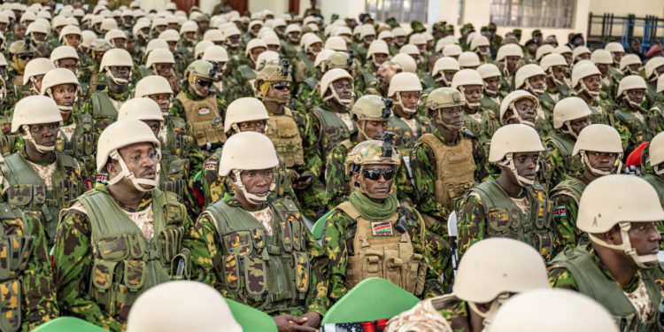 Kenyan police officers attend a pre-departure briefing for the first contingent of police officers to deploy to Haiti, at Embakasi, Nairobi, Kenya, in this handout photo released June 24, 2024    "William Samoei Ruto" via X/Handout via REUTERS