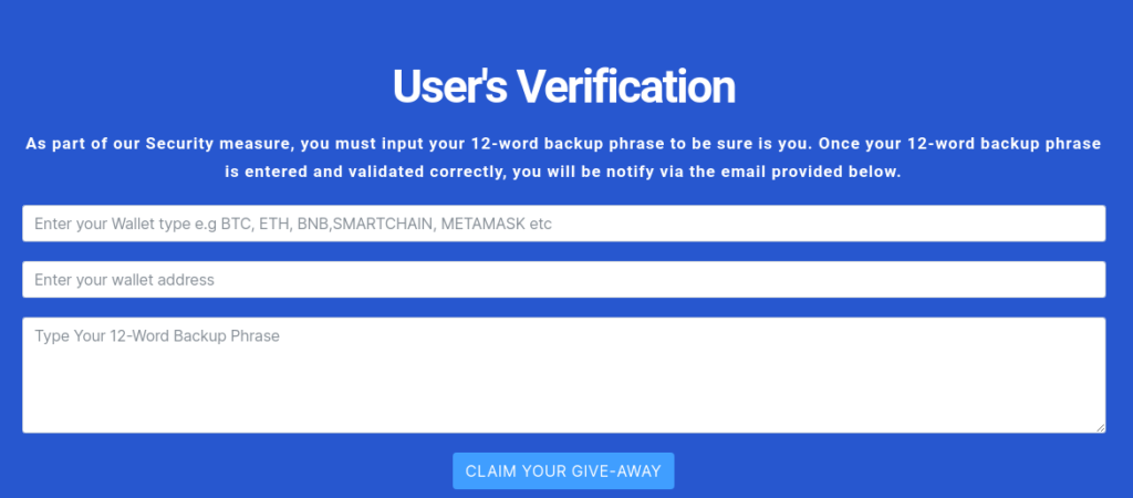 An example of a phishing page asking for the seed-phrase