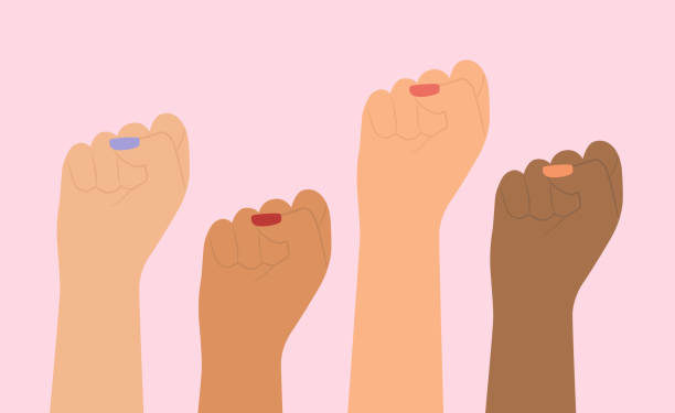 Different Nationalities Of Women Raised Fist. Feminist Movement, Independence, Gender Equality, Protest And Female Empowerment Concept