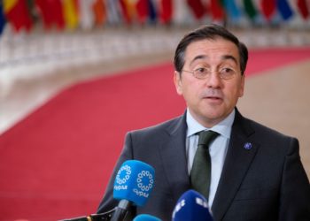 BRUSSELS, BELGIUM - SEPTEMBER 19: Spanish Minister of Foreign Affairs, European Union and Cooperation Jose Manuel Albares talks to media prior to an EU general affairs ministers  council meeting in the Europa building, the EU Council headquarter on September 19, 2023 in Brussels, Belgium. Ministers will focus on the request by Spain to modify the EU's language regime, the annual rule of law dialogue, preparations for the October European Council, and legislative planning. (Photo by Thierry Monasse/Getty Images)