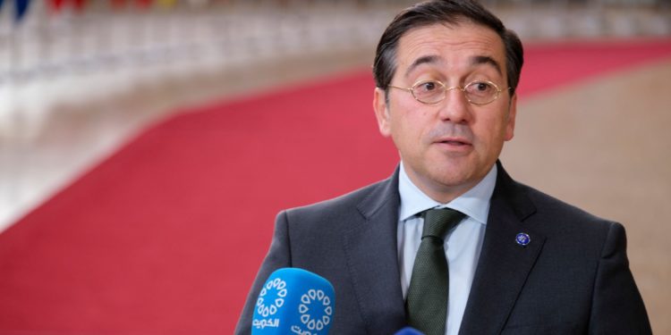 BRUSSELS, BELGIUM - SEPTEMBER 19: Spanish Minister of Foreign Affairs, European Union and Cooperation Jose Manuel Albares talks to media prior to an EU general affairs ministers  council meeting in the Europa building, the EU Council headquarter on September 19, 2023 in Brussels, Belgium. Ministers will focus on the request by Spain to modify the EU's language regime, the annual rule of law dialogue, preparations for the October European Council, and legislative planning. (Photo by Thierry Monasse/Getty Images)