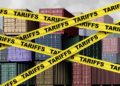 Economic tariffs and government taxation or punative tariff trade policy or duties imposed on imports and exports by a government on imported or exported goods as Protectionism as a 3D illustration.